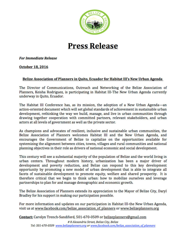 PRESS RELEASE - Belize Association of Planners in Quito, Ecuador for Habitat III’s New Urban Agenda